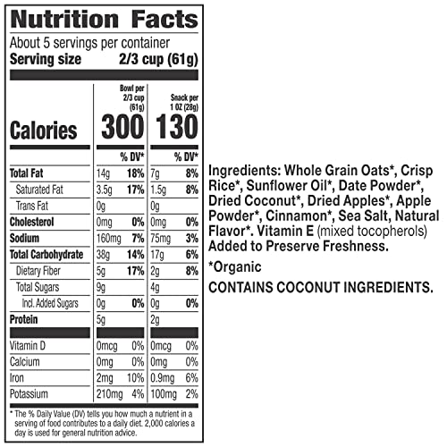 Image of Cascadian Farm Organic Granola with No Added Sugar, Cinnamon Apple Cereal, Resealable Pouch, 11 oz (Pack of 5)