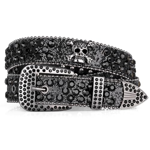 Rhinestone Belts for Women Men, Bling Studded Genuine Leather Skull Belt, Western Style, Genuine Leather belts