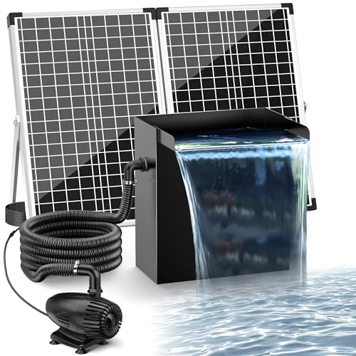 POPOSOAP 70W Solar Pond Waterfall Spillway Kit, 304 Stainless Steel Pondless Waterfall Box with 10FT Corrugated Tubing, 4 Pcs Filter Brushes, 580GPH Solar Powered Water Pump for Garden Ponds