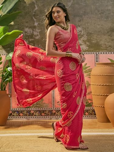 Image of SIRIL Women's Georgette Bandhani Printed Saree With Unstitched Blouse Piece
