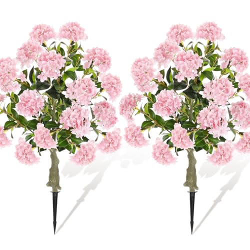 Lunmon 2 Pack Artificial Hydrangea Flowers Trees with Spikes, Faux Hydrangea Bushes Outdoor Plant Realistic Fake Flower for Outdoor Planter Home Wedding Garden Patio Yard Decor-24Inch in High(Pink)