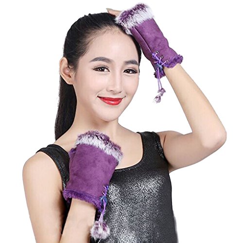 Greenery Womens Fingerless Gloves Faux Fur Winter Warm Mittens Half Finger Suede Leather Short Gloves Christmas Gift3