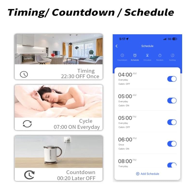 Screenshot of the Smart Life app showing options for Timing, Countdown, and Schedule settings, including daily ON/OFF times.