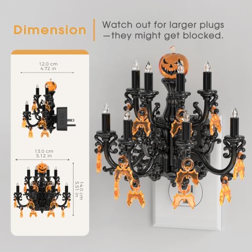Image of Briignite Halloween Chandelier Night Lights Plug into Wall, Amber Flickering Flame LED Nightlight with Auto Light Sensor, 3-Level Dimmable, 180 Rotatable Plug, Halloween Decor for Bedroom Hallway