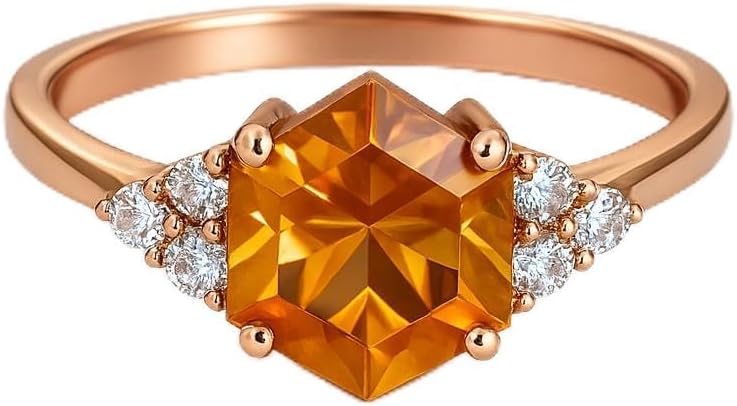 Hexagon Shape Citrine Art Deco Diamond Cluster Ring 18k Solid Gold Prong setting Bridal Wedding Ring Engagement Women Promise Jewelry Gift For Wife