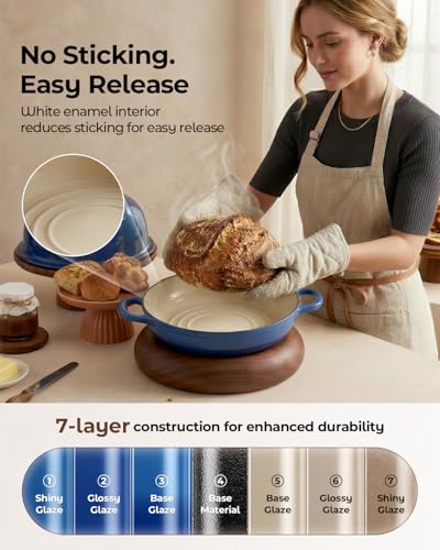Image of 5QT Enameled Cast Iron Sourdough Bread Oven for Homemade, Blue | Tight-fitting Dome Lid, Shallow Base Supports Easier Loading & Crisp Sourdough Crusts, Gifts for Sourdough Bakers