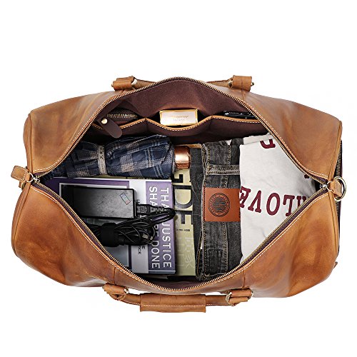 Leathfocus Leather Travel Luggage Bag, Mens Duffle Retro Carry on Handbag (Brown)
