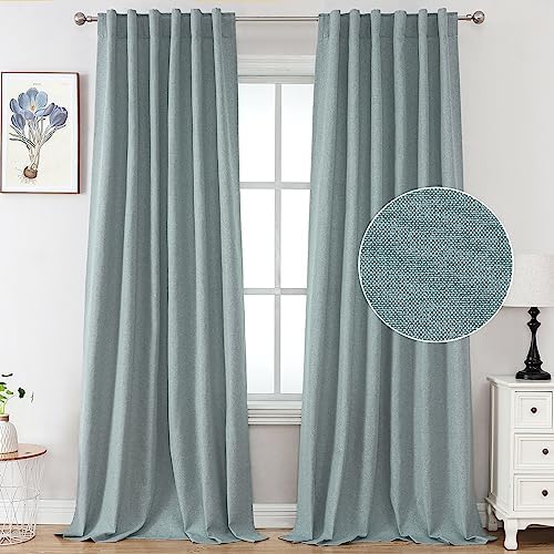 FantasDecor Natural Faux Linen Curtains for Bedroom 84 inches Long Back Tab Rod Pocket Pleated Linen Drapes Room Darkening Privacy Window Treatments Curtains for Living Room, 52W x 84L, Aqua Gray