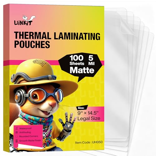 Image of Uinkit 5mil Matte Legal Size Thermal Laminating Pouches, 100 Pack 8.5x14 Inches, Heavy Duty Anti-Glare Laminating Sheets for Safety Protocols, Machine Manuals & Outdoor Signage - Laminator