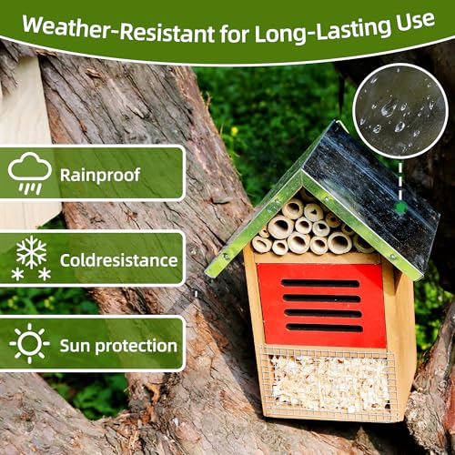 Image of Wooden Mason Insect Bee Butterfly House with Metal roof,an Outdoor Hanging Habitat for Bee Butterfly Ladybugs