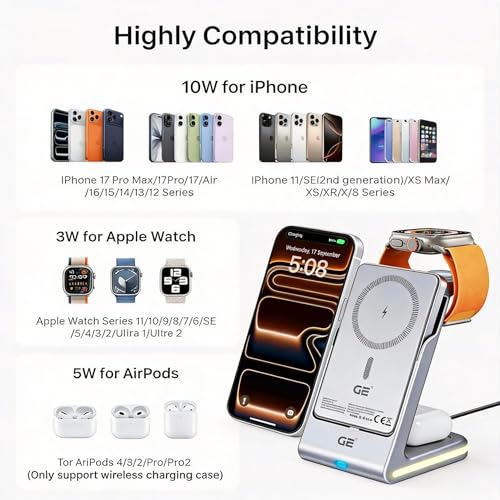 Image of GE 3-in-1 Wireless Charger Dock with 5000mAh Built-in Lithium Battery and Night Light, Compatible with iPhone 12-17 Series, Apple Watch, and AirPods 3rd Gen