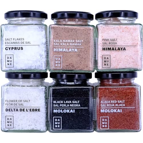 DAMUNE Sales Gourmet: Sal Negra Hawai (200g), Sal Roja Hawai (200g), Flor de Sal Delta del Ebro (150g), Sal en Escamas Chipre (100g), Sal Rosa (200g) y Sal Kala Namak (200g)