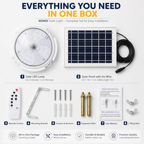 Image of 100W Solar Ceiling Light for Home Indoor Outdoor Garden, Waterproof LED Solar Lamp with Remote Control, Motion Sensor LED Light, Dusk to Dawn Hanging Roof Light for Balcony, Terrace & Rooms
