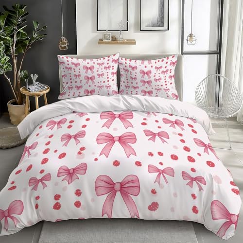 White Bedding Sets Cartoon Cute Bow Pink Print Duvet Cover Set, Comforter Cover Full Size Soft Breathable Reversible 3-Piece Bedding for Kids Teens