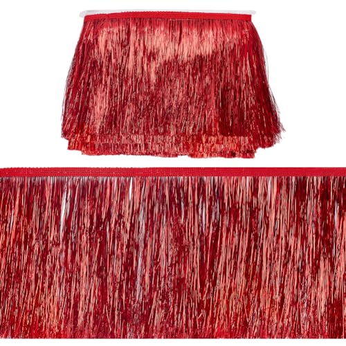 MAYJOYDIY 10m Red Tinsel Fringe Trim 15cm Width Metallic Fringe Trim Shiny Tinsel for DIY Dress Clothing Sewing Crafts Costumes Party Decoration