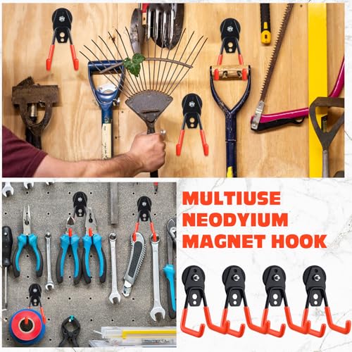 Image of Landhoow 4 Pcs Large Magnetic Hooks Heavy Duty Garage Magnet Hooks Strong Storage Utility Magnetic Hangers with Anti Slip Rubber Coating for Indoor and Outdoor Hanging (Orange)