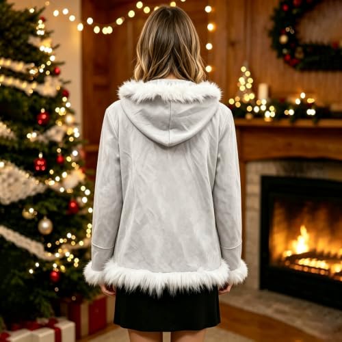 Open Front Faux Fur Trim Jackets with Pockets Christmas Cardigan for Women - image 2