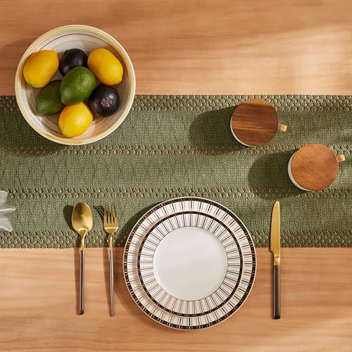 Image of ZeeMart Macrame Style Boho Table Runner, 12x72 Inch Moss | Woven Boho Table Runner with Handmade Tassels, Crochet Hollow Table Scarf, Farmhouse Kitchen Home Decor Dresser Runner