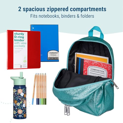 Image of Wildkin 15 Inch Backpack for Kids, Blue Glitter | Ages 5-10, padded straps, side water bottle pocket - coordinates with matching Wildkin lunch boxes