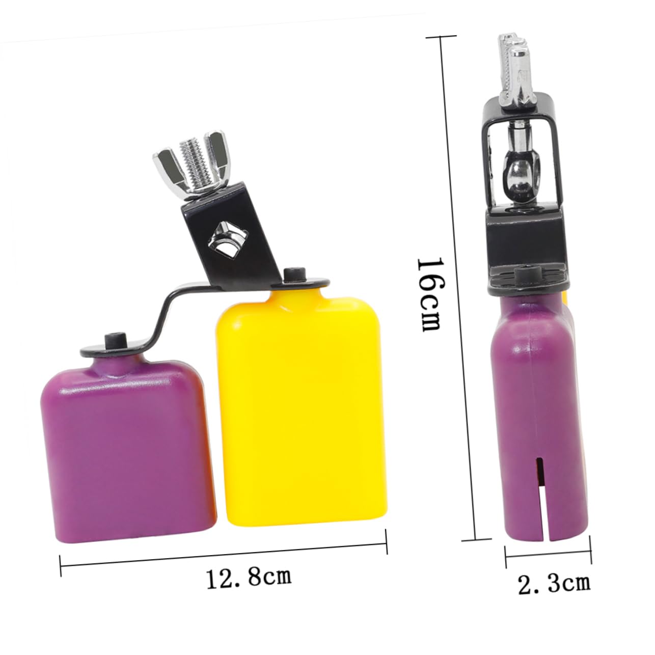 Yardwe Yellow and Purple Wooden Fish Cow Bell High and Low Pitch Cattle Percussion Instrument for Musical Rhythm Development Durable Bracket Fun