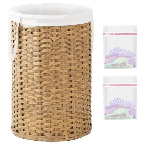 SETVSON Large Laundry Hamper Laundry Basket Round 34.3 Gal (130 L) Handwoven Wicker Laundry Baskets Rattan Laundry Basket with Removable Bag Handles 2 Mesh Bags for Living Room Bedroom Natural