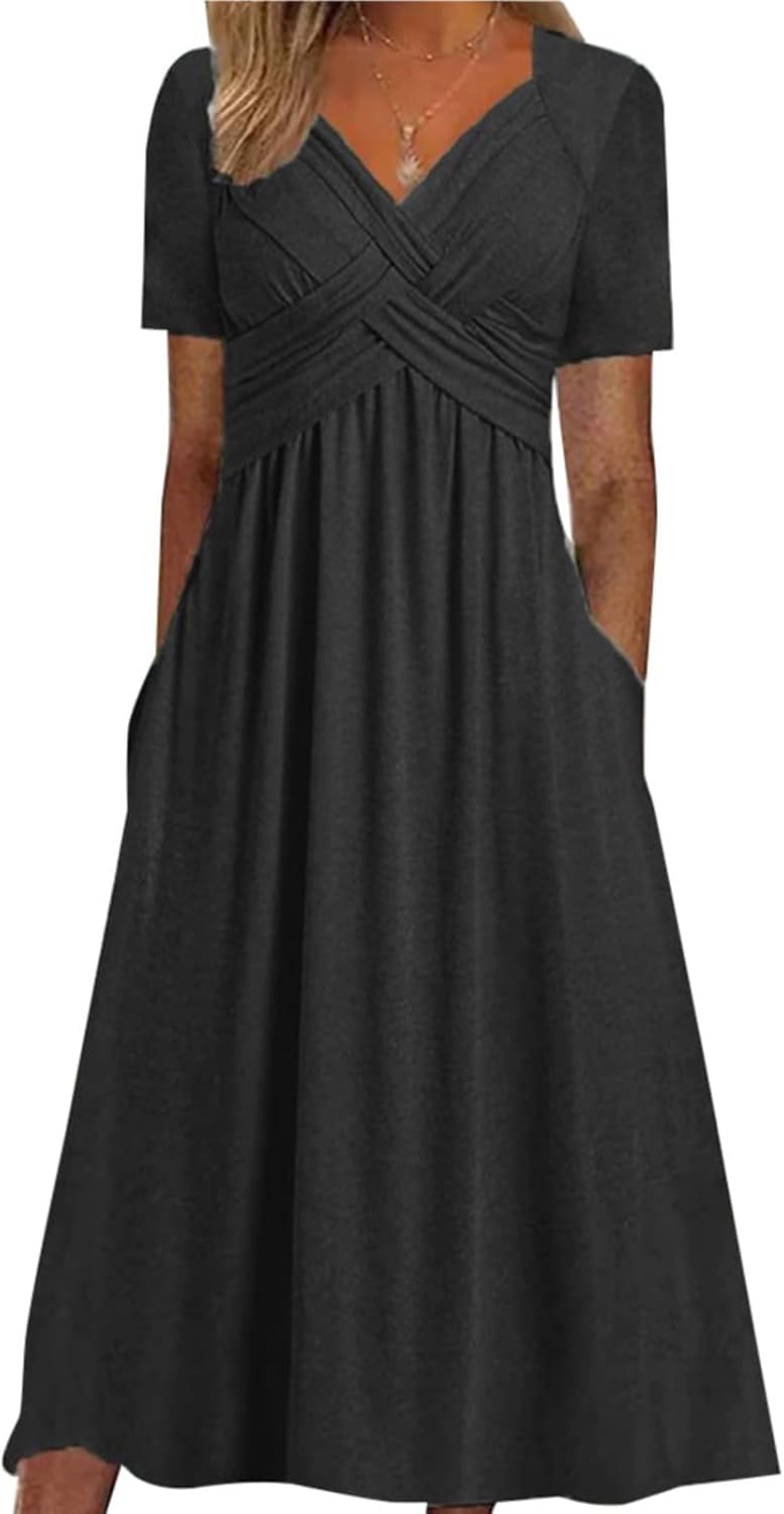Womens Short Sleeve Casual Plus Size Maxi Dress with Pockets