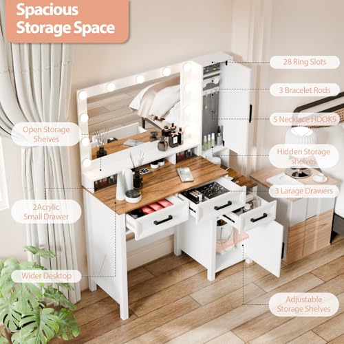 Image of Farmhouse Vanity Desk with 3 Adjustable Light Colors & Power Outlet, White Makeup Vanity Table with Sliding Jewelry Cabinet, Built-in Lipstick Organizer, 3 Drawers & Shelves for the Bedroom