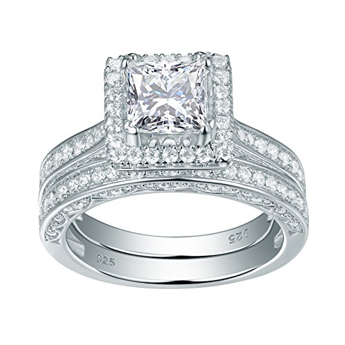 Newshe Jewellery 2.8 Carat Princess White Cz 925 Solid Sterling Silver Wedding Band Engagement Ring Set Size 8