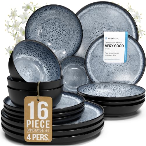 Image of 16 Piece Stoneware Dinnerware Set for 4, Handmade Plates and Bowls Set | Reactive Glaze Coating, Dishwasher & Microwave Safe Dish Set, Chip & Scratch Resistant Dishware Set, Ibiza Smoke Blue