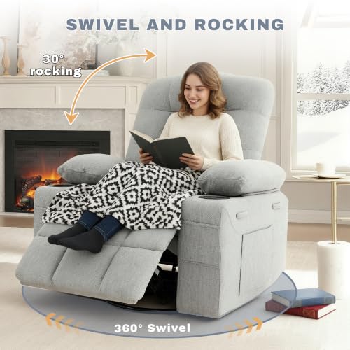 Image of Swivel Rocker Recliner Chair,Recliner Single Sofa with Cup Holders, Manual Nursery Rocking Chair with Side Pockets, Modern Upholstered Recliner for Living Room,Apartment,Home Theater(Grey)