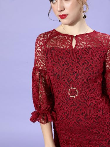 Image of Miss Chase Womens Bodycon Square Puff Sleeve Solid Lace Overlaid Ankle Length Dress