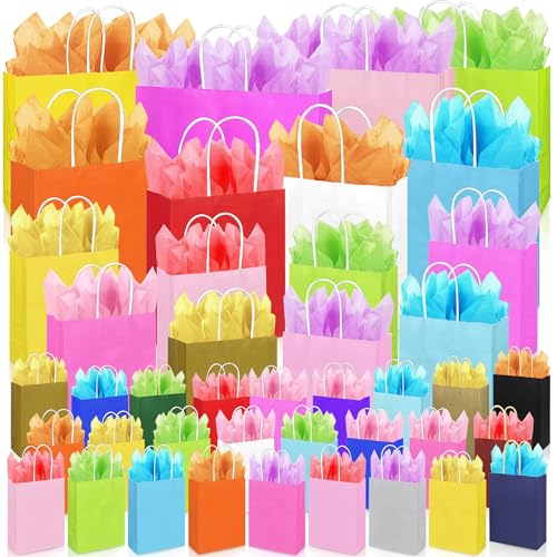 KEEPARTY 84 PCS Assorted Sizes Gift Bags with Handles 42 Gift Bags 4 Sizes 20 Colors 42 Tissue Papers 6 Color for Birthday Bridal Shower Christmas Party