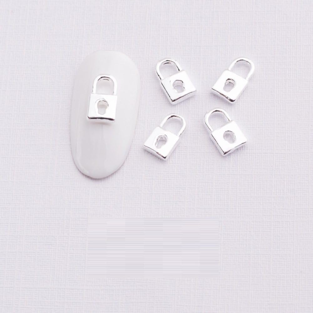 qbodp 100 Pcs Nail Decoration Fashion Nail Decoration Lock Shape Decoration for Nail, Nail Supplies Nail Art Decoration Accessories,Silver
