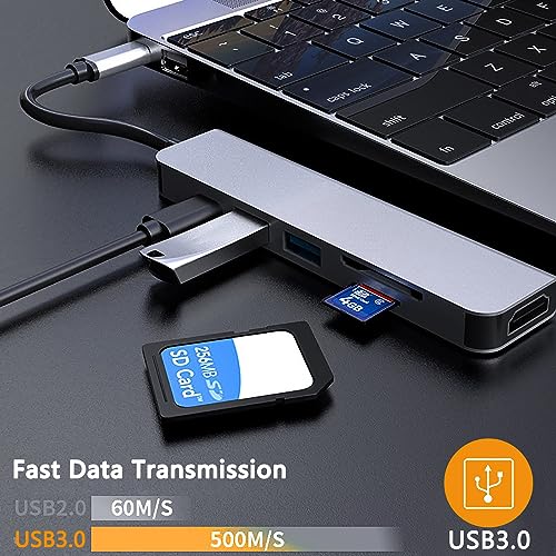 Image of USB C Hub, Multi Port USB C Adapter for MacBook Pro, 6-in-1 USB C to HDMI Hub, Compatible with USB C Laptops and Other Type-C Devices (4K HDMI USB3.0 USB2.0 SD /TF Card Reader 87W PD)