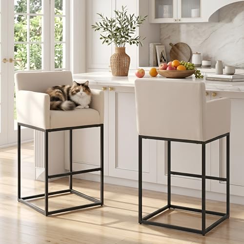 Image of HNY Modern Counter Height Bar Stools Set of 2, Linen Fabric Upholstered Bar Stools with Backs, 30 Inch Kitchen Island Stools with Black Metal Frame, Cream