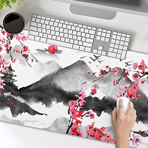 Image of Sweetshow Japanese Cherry Blossom Mouse Pad 35.4 X 15.7 Inch XXL Full Desk Pink Watercolor Sakura Cool Design Gaming Mousepad Extended Large Non-Slip Rubber Base Keyboard Mat with Stitched Edges