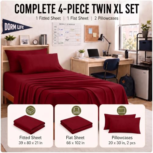 Image of CozyLux 4-Piece Twin XL Sheets, Fits 18-21 Inch Mattresses, Oeko-TEX | 2 Pillowcases, 1 Flat Sheet and 1 Fitted Sheet with All-Around Elastic and 21-Inch Deep Pocket for a Secure Fit, Dark Red
