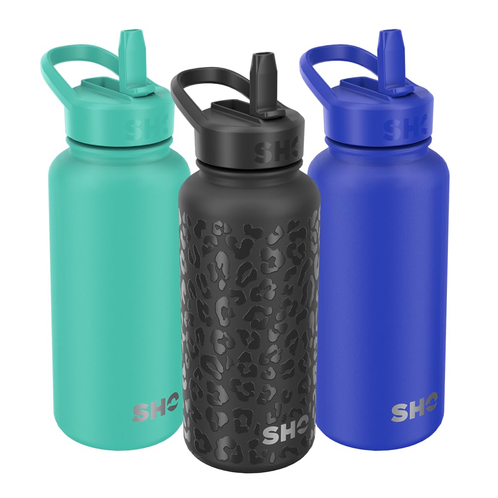 SHO Guzzler Water Bottle with Straw Lid, Leakproof, Dishwasher Safe, BPA Free, No Sweat
