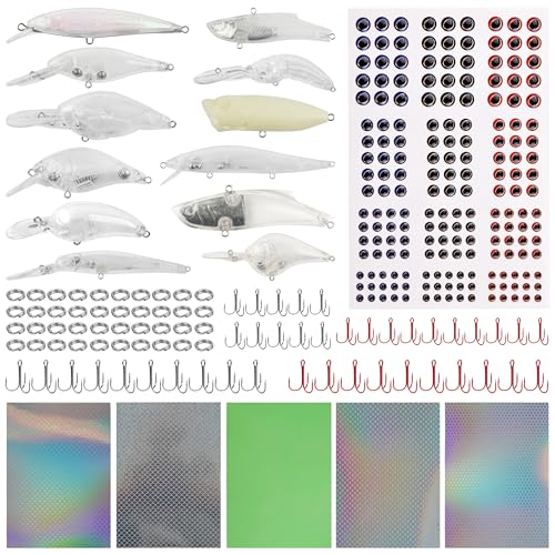 Unpainted Fishing Lures DIY Minnow Kit - 280/363pcs Blank Hard Crankbait Set Pliers Scissors,Treble Hooks,Split Rings,Stickers,3D Eyes for Making Lures DIY Fishing Tackle Kit