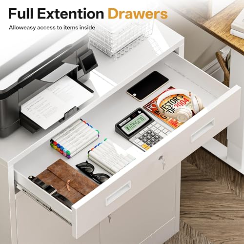 Image of Metal Storage Cabinets with Drawer, 36 inch H Lockable Storage Cabinet with Doors and Adjustable Shelves, Small White Steel File Cabinet for Home, Office, Warehouse, School, Assembly Required