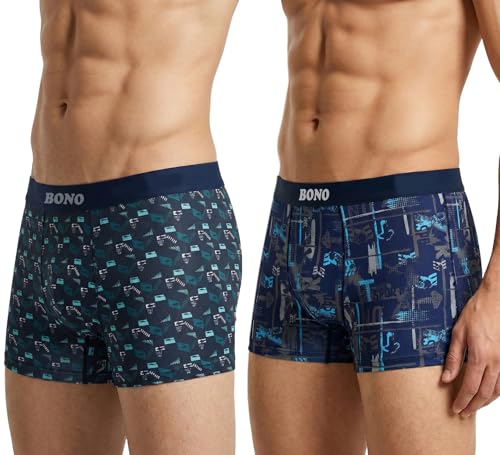 Image of BONO Mens Trunks Pack of 2 Cotton Underwear Breathable Printed Anti-Bacterial Underwear Men Trunk with No Marks Nylon Buffed Stretchable Waistband
