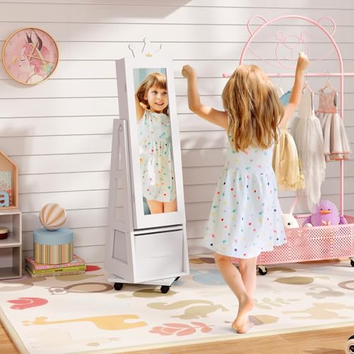 GLACER Kids Jewelry Armoire Cabinet, Standing Children Jewelry Organizer with Full-Length Mirror, Foldable Drawer, Anti-toppling System, Kids Vanity Dress Up Mirror Jewelry Cabinet for Girls (White)