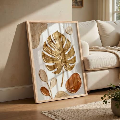 Image of kotart Golden Leaf Wall Art Home Decoration | Aesthetic Floral Paintings With Frame For Living Room Bed Room Hotel Wall Decor Digital Reprint (19x25 inch)