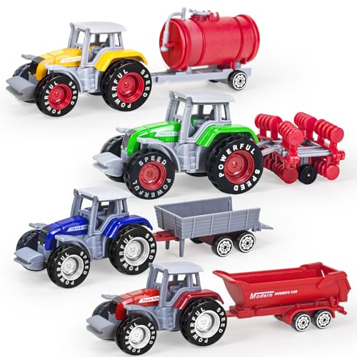 Tcvents Farm Tractor Toys 4 Pack with Trailer, Metal Alloy Toy For Boys Detachable Die-Cast Truck Toys for Kids 3 4 5 6 7 8 Birthday Gifts and Cake Decorations, Interactive Toys for Children