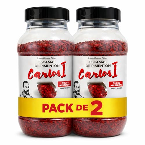 Escamas de pimiento ahumadas Dulces, smoked pepper flakes, Producido en Extremadura, Ideal para carnes, pescados, verduras asadas, pastas, pizzas, huevos y ensaladas, 2 botes de 350 gr