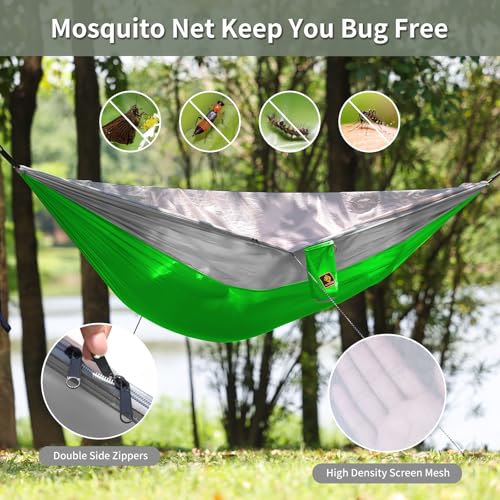 Image of Camping Hammock, Portable Hammocks with Mosquito Net,Lightweight Nylon Parachute Hammock with 10ft Tree Straps,Camping Gear Must Haves for Travel Hiking Backpacking Beach Patio-Red&Grey