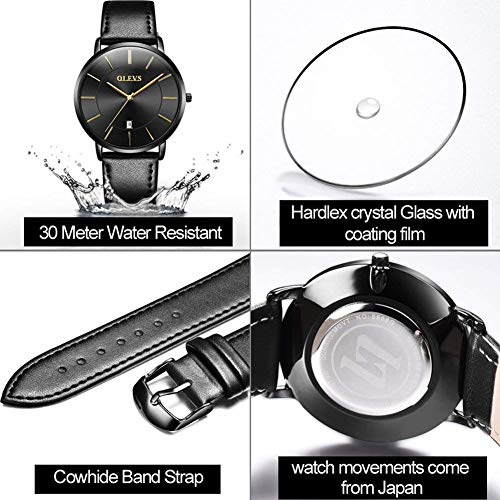 Image of OLEVS Men Leather Watches Black Ultra Thin 6.5mm Minimalist Dress Fashion Simple Casual Waterproof Date Watch for Men