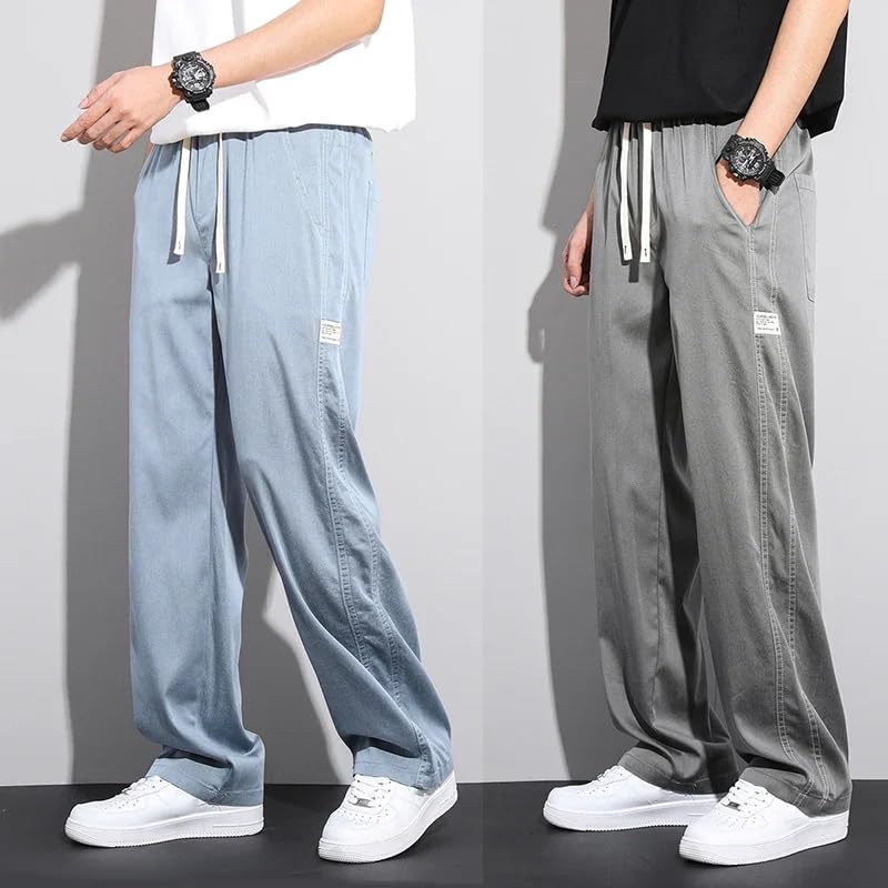 Men's Jeans Spring Summer Baggy Straight Pants Drawstring Elastic Waist Korea Casual Trousers2