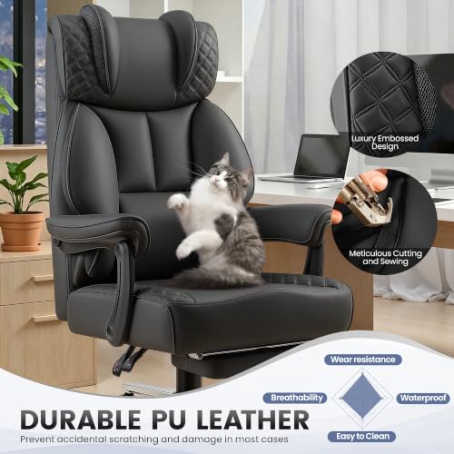 Image of BestGlory Office Desk Chair, Big and Tall Leather Gaming Chair with Footrest, Ergonomic Comfy Executive High-Back Reclining Computer Chairs, Wide Swivel Rolling Wheels and Padded Lumbar Support, Black