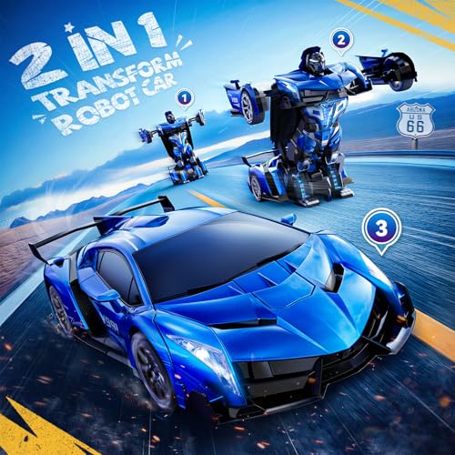 Image of Veeniix V991 Transform Remote Control Car, 1:10 Big Size, 2 Rechargeable Batteries for 70Min, 2.4GHz Gesture Sensing, One-Key Deformation, Robot Toys Gifts for Boys and Girls (Blue)